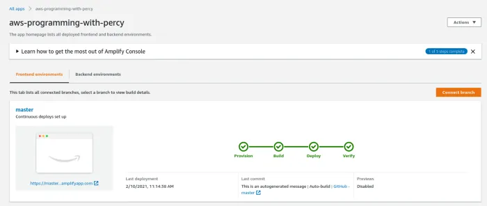 AWS Amplify dashboard for the website we just now deployed.