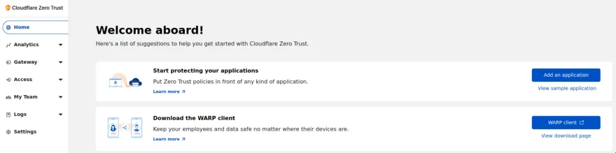 Cloud Flare Zero Trust - Welcome Aboard Dashboard