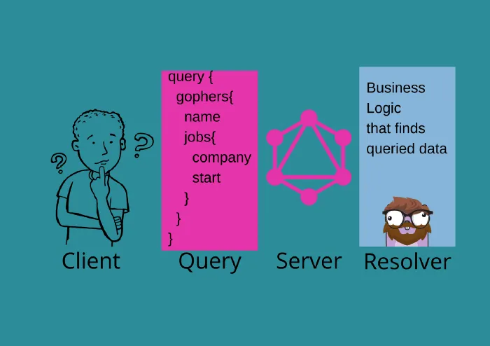 Queries are the requests for data, Resolvers handles the business logic to find the data