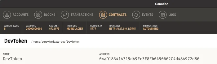 Ganache — Showing deployed contracts and their information