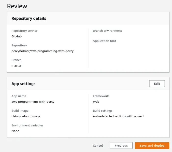 AWS Amplify summary screen before deployment